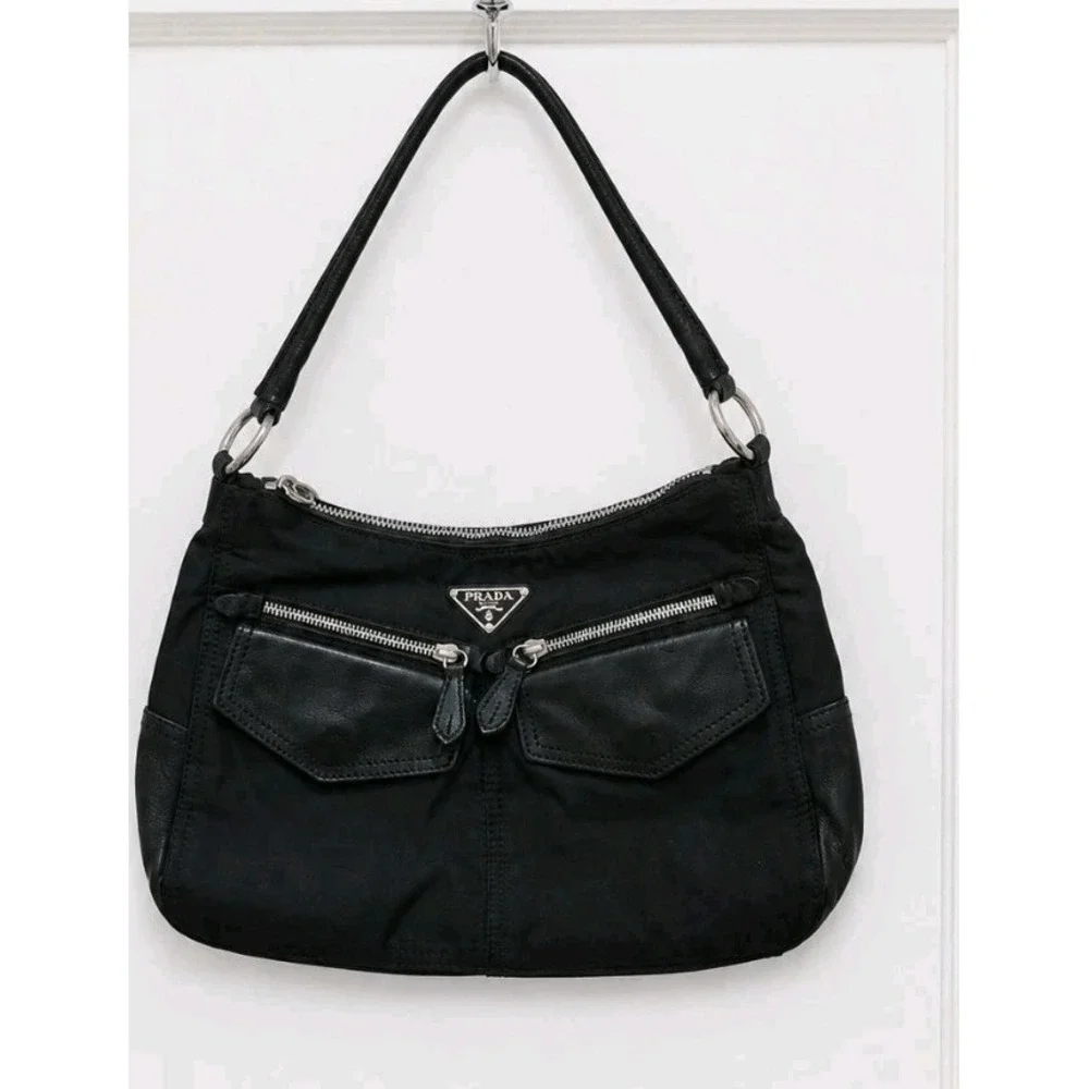 Prada Tessuto Nylon Leather Trim Hand Bag Black Dual Zip Pockets Authentic